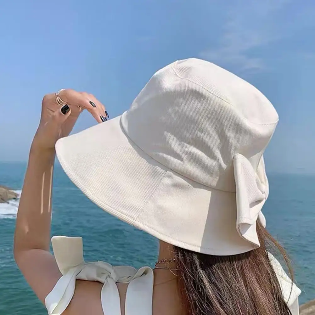 Bucket Hat Bow Bucket Hat Women’s Bucket Hat with Hand-knotted Bow Wide Brim Fisherman Sun Protection Summer Outdoor Flat Dome