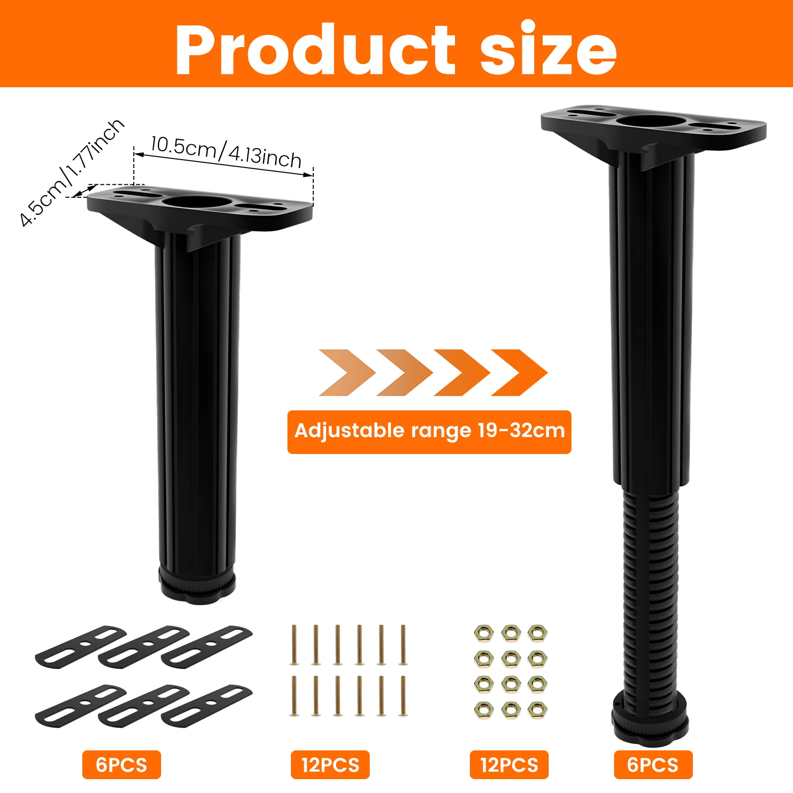 6/4pcs Bed Support Legs Adjustable Height 19-32cm Bed Frame Center Support Legs Metal Bed Replacement Legs for Bed Frame/Bed Ce