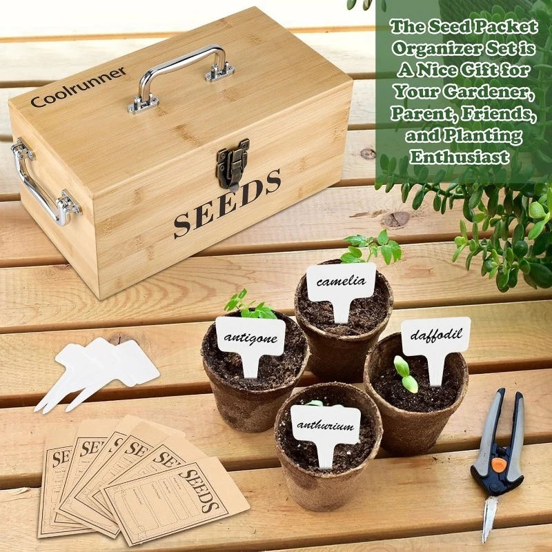 Bamboo Seed Storage Box With Snap Lock, Wooden Garden Seed Packet Organizer Container For Gardening Plant Seeds
