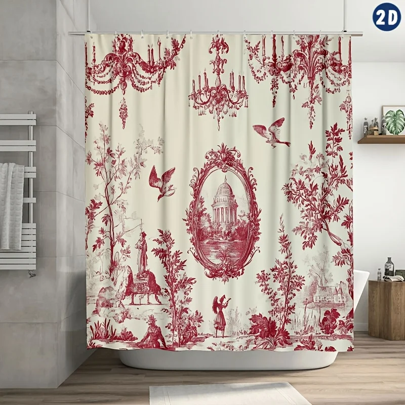 Elegant French Toile de Jouy Shower Curtain, Red Floral Chandeliers & Birds Design, Easy Clean for Bathroom or Window Decor