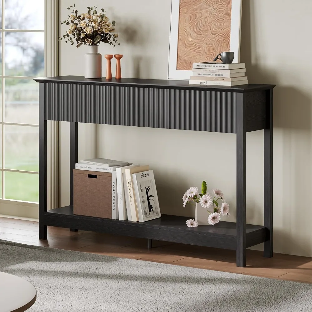 47 طاولة كونسول مخدد مع 3 أدراج، طاولة مدخل طويلة ضيقة مع مساحة تخزين ورف، طاولة أريكة من طبقتين خلف الأريكة