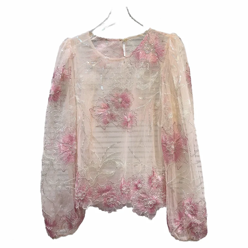 Fashion 2024 Summer New Small Fragrant Sequin Embroidery Pattern Women's Elegant Chiffon Shirt Feminine Long Sleeve Small Blouse