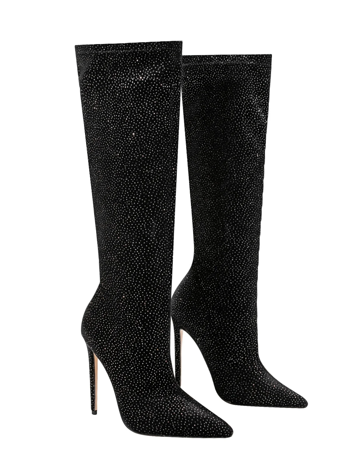 حذاء نسائي أسود مزين بحجر الراين حتى الركبة بمقدمة مدببة وكعب ستيليتو فاخر للحفلات البهجة أنيق للنساء للحفلات #2