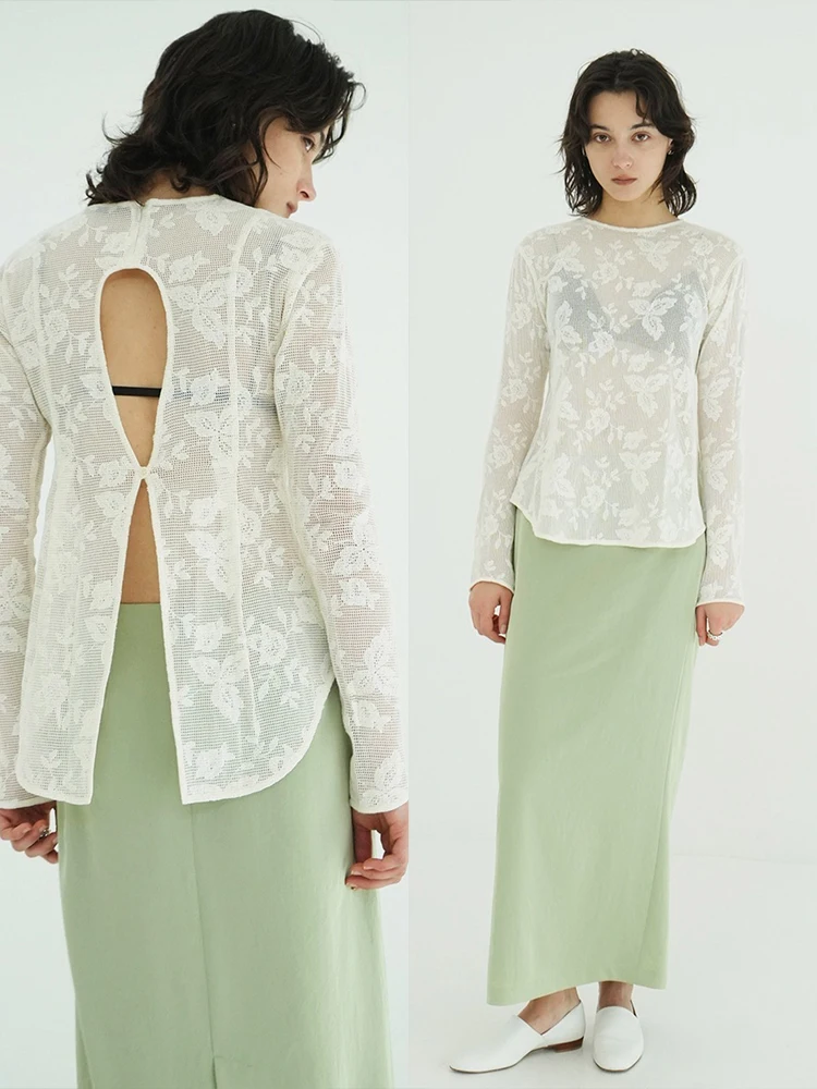 

White Lace Long Sve Bal See-tough Floral irt Japanese Sle Design Breathable Comfortable Cotton Women's Blouse