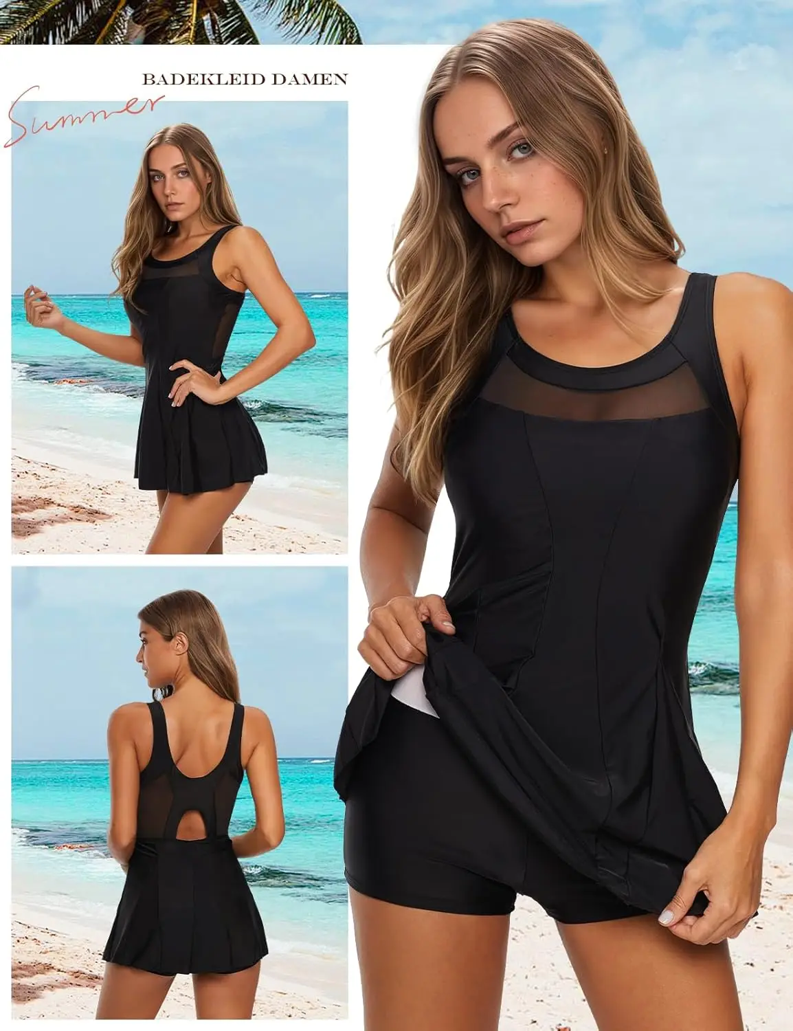 Durio Women's Swimming Dress, Tummy Control Push Up One-Piece Mesh Backless Elegant Swimwear with Cups Swimming Dress Swimsuit