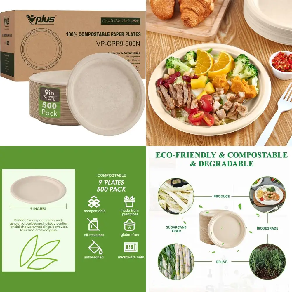 

Компостируемые 9-дюймовые сверхпрочные бумажные тарелки — 100% биоразлагаемые, натуральные пакеты, экологически чистые одноразовые тарелки для вечеринок