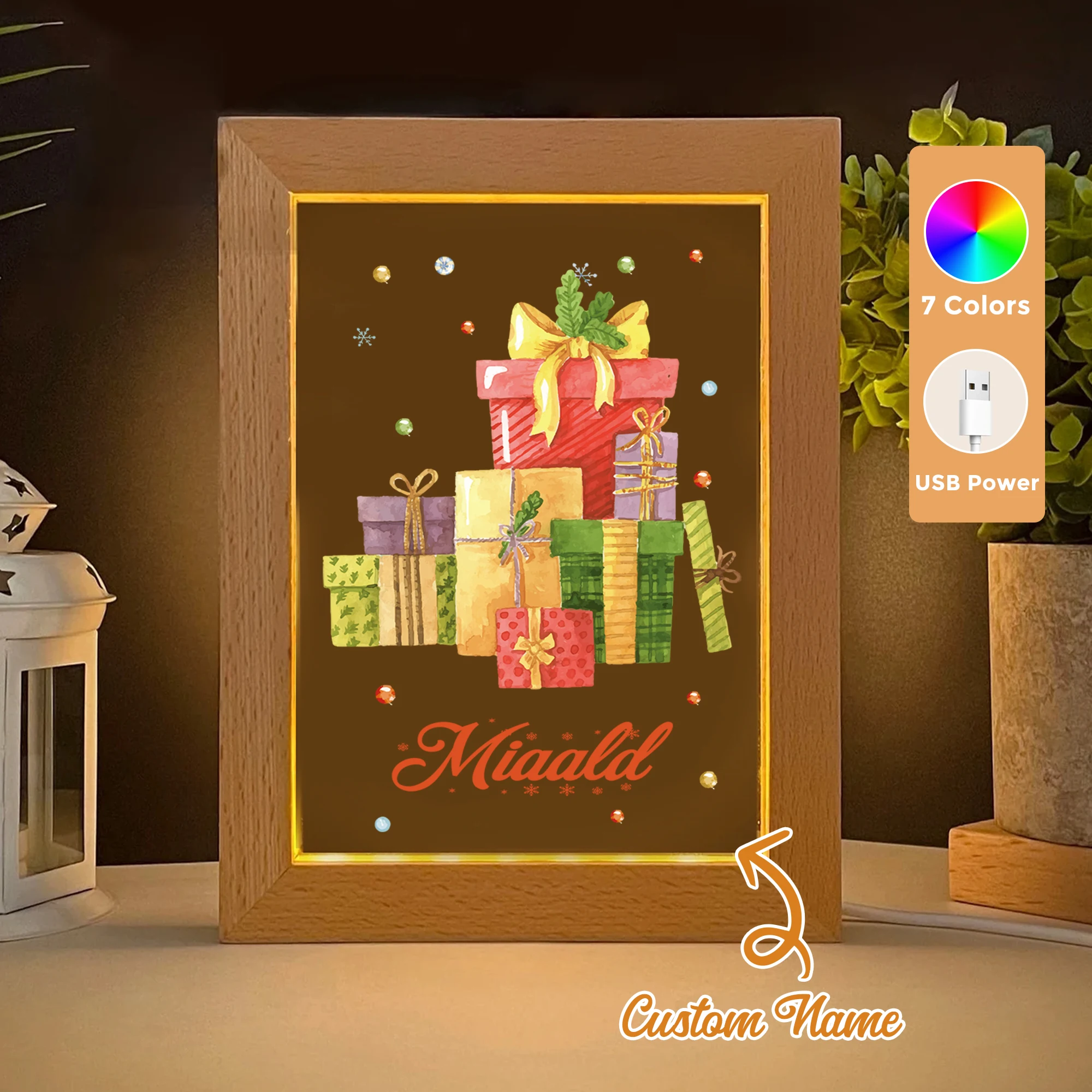 

Custom Name Gift Box LED Acrylic Night Light Wood Photo Frame 21x17cm Christmas Cartoon Children Bedroom Gifts Home Decor