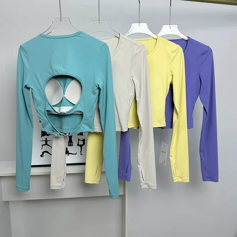 

Backless Hollowed-Out Sexy Yoga Sports Long-Sleeve T-Shirt with Chest Pads, Women's Training Top, Slimming Fitness Wear