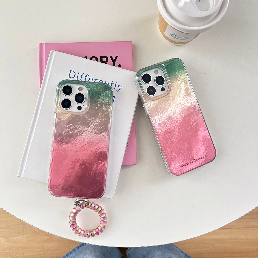 

Усовершенствованный розово-зеленый градиентный чехол из оловянной фольги с подвеской в виде телефонной линии, противоударный чехол для телефона для iPhone 16, 15, 14, 13 Pro Max