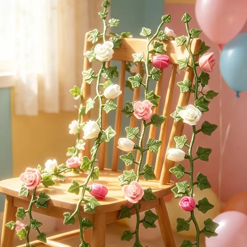 Decorative Artificial Flower Vine Miniature Rose Flower Vine Mini Desktop Display Model Green Plant Scene Prop Home Garden Decor