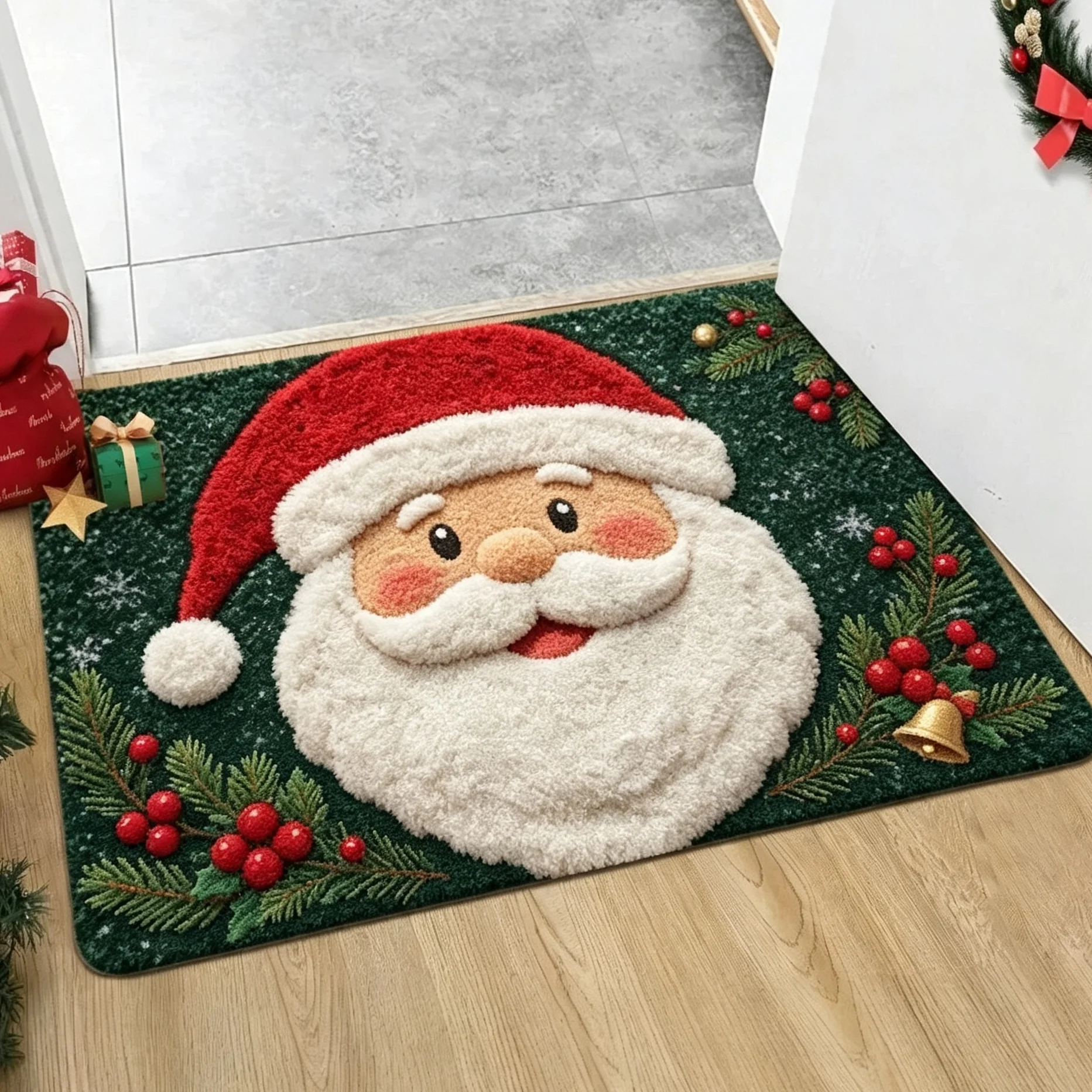 Festliche Weihnachtsmann-Fußmatte mit roter Mütze, grünem Hintergrund, Beeren und Glocken für den Weihnachtseingang, rutschfeste Willkommens-Fußmatte als Akzent.