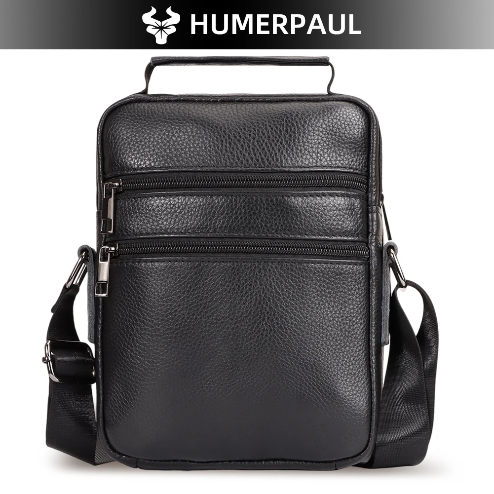 Men Genuine Leather Crossbody Shoulder Bag Multi Pockets Messenger Handbag With Top Handle Fit iPad Mini For Travel Daily Use