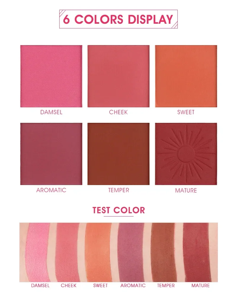 พาเลตต์บลัชออนแต่งหน้า6สีบลัชออนแบบมืออาชีพสีมุกสีส้มคุณภาพสูงเครื่องสำอางแต่งหน้าบลัชออน