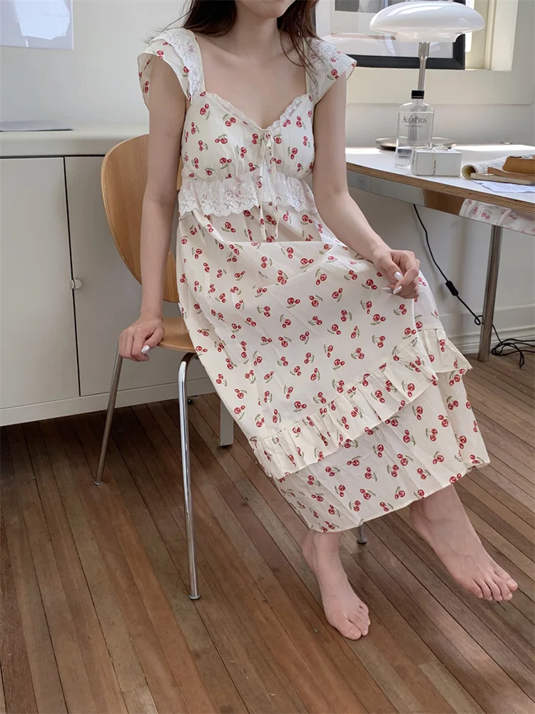 Lace Soft Floral Print Cherry 100%Cotton Sweet Summer Sleeveless NightDress Women Kawaii Princess Loose With Chest Pad Sleep Top