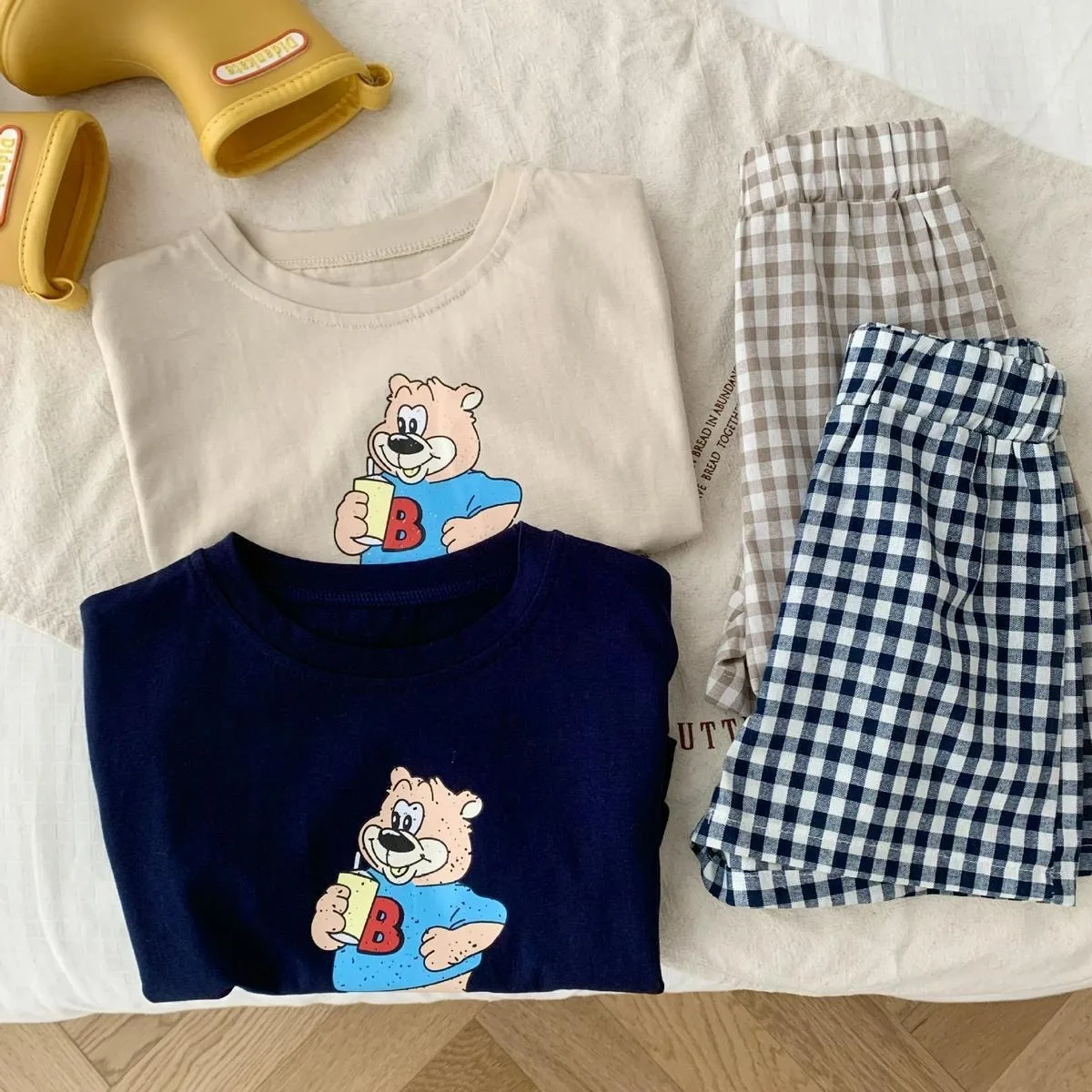 Short Sleeve Tshirt+Plaid Shorts 2 Piece/Set Kids Cartoon Print Short Sleeve Tracksuits For Boys And Girls Cute Summer Clothing