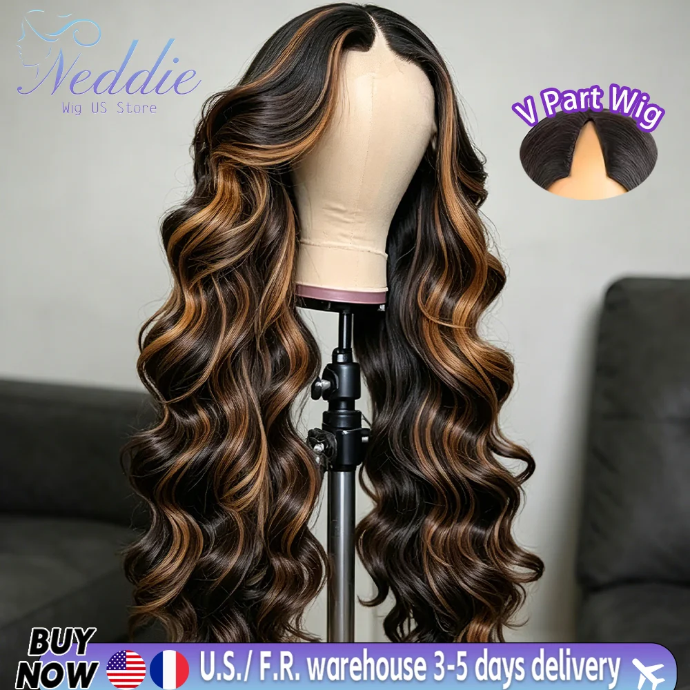 Perruque mi-tête en cheveux humains brésiliens, ondulation Body Wave, couleur 1B30 avec mèches, densité 200, coupe en V, à clipser, sans besoin de laisser de cheveux apparents ni de couture