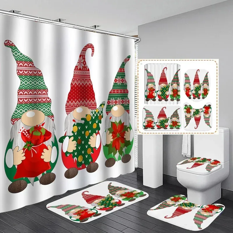 

HJN23Christmas Gnome Shower Curtain Sets Non-Slip Rugs Toilet Cover Bath Mats Rustic Buffalo Plaid Wooden Board Fabric Bathr6Jn
