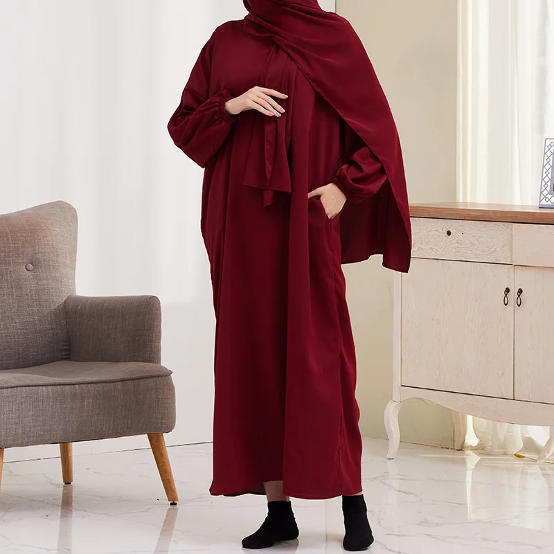 EID Muslim Sets Mode Abaya Casual grenzüberschreitendes Damenkleid, türkisfarbenes langes Kleid aus dem Nahen Osten mit Kopftuch-Kleidern