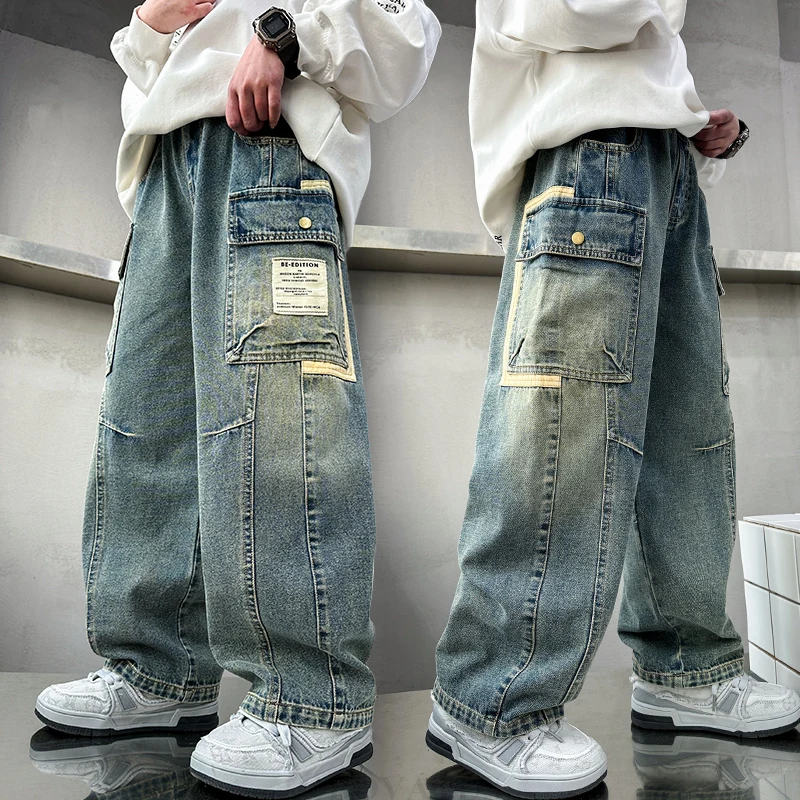 

New Design Children Relaxed Fit Straight Leg Cargo Jeans for Teenage Boys Loose Denim Pants with Pocket Kids Casual Trousers