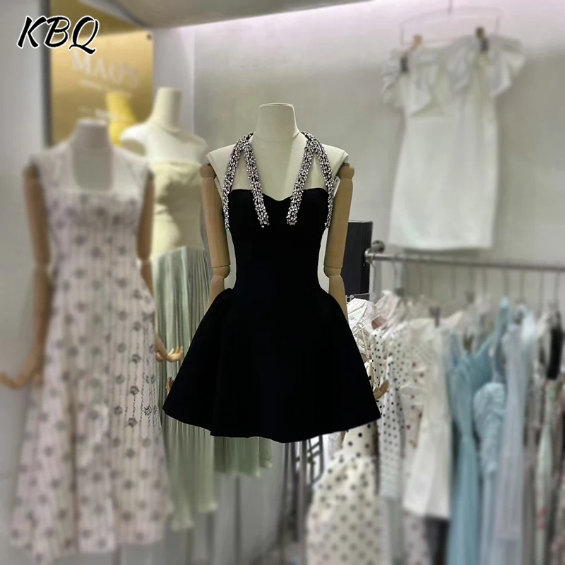 

KBQ Solid Spliced Diamonds Tunic A Line Dresses for Women Halter Sleeveless High Waist Temperament Dress Female Summer Style New