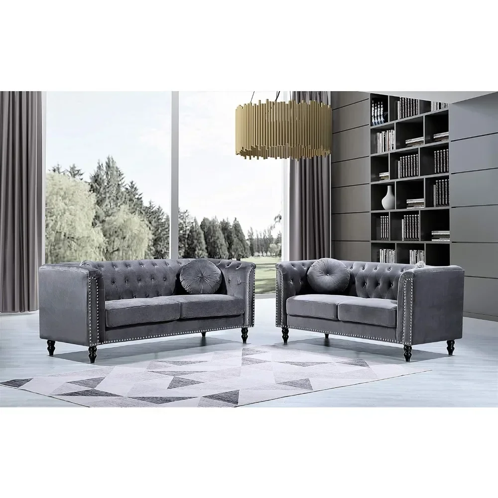 2-Piece Velvet Chesterfield Sofa Set for Living Room, Apartment or Office, Includes Mid Century Modern Couch and Loveseat