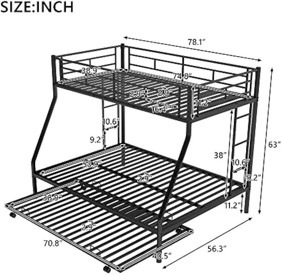 Bed Twin Over Full Bed with Trundle, Twin Size Trundle 2 Side Ladders with Sturdy Steel Frame,for Kids Adults Living Room G