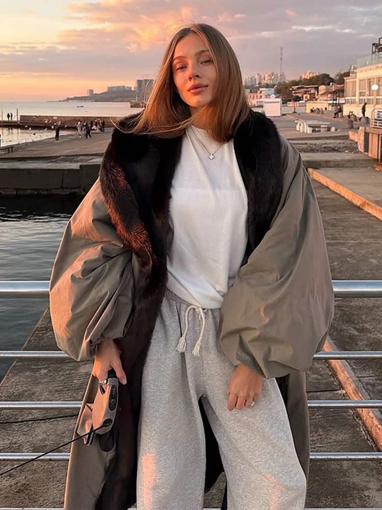 

Женские длинные пальто оверсайз с воротником из искусственного меха в стиле пэчворк, свободные теплые пальто на шнуровке, зима 2024, уличная женская новинка, верхняя одежда