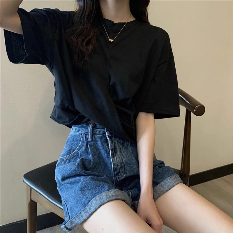 Plus Size Women Crop T‑Shirt Up To 150KG Irregular Cross Front Design Retro Loose Summer Fashion Casual Short Sleeve Cropped Top