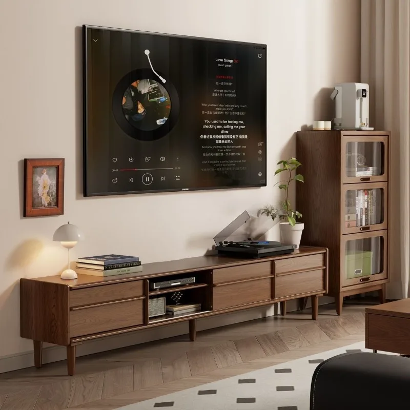 Solid wood sliding door TV cabinet Modern simple floor locker Medium antique small apartment living room TV cabinet
