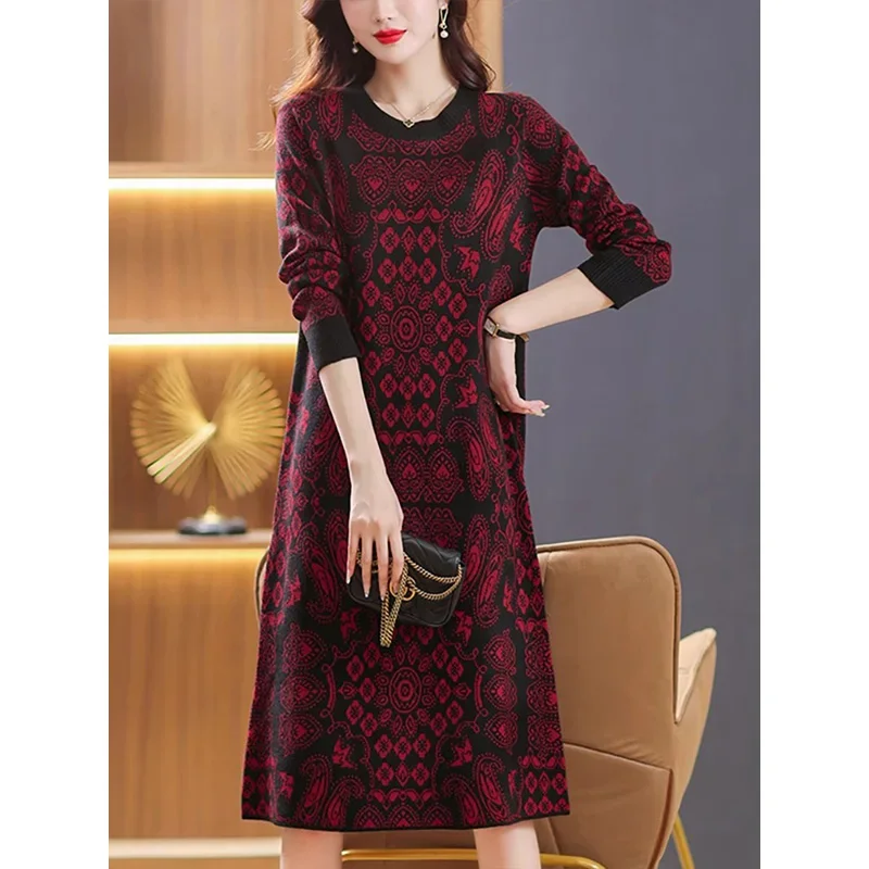 Women\'s Clothing O-neck Loose Casual Wool Long Dress Autumn Winter New Soft Elastic Printing Elegant Knitted Dress