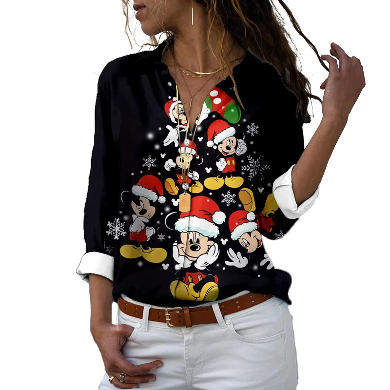 2022 Christmas Collection Women\'s Fashion Blouse Fall Long Sleeve Disney Mickey and Minnie V Neck Shirt Casual Ladies Top Y2k