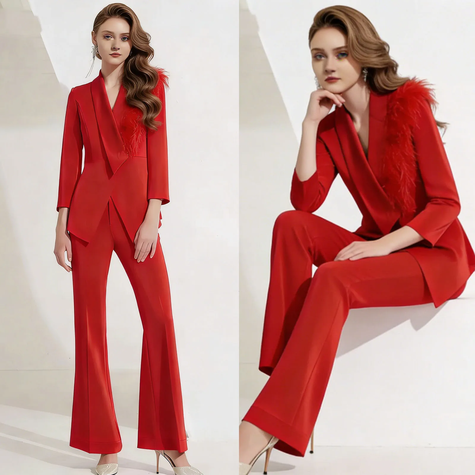 Red Feather Lapel Women Blazer Suits 2 Pieces Slim Fit Customized Wedding Mother Suits Evening Cocktail Female Outfit