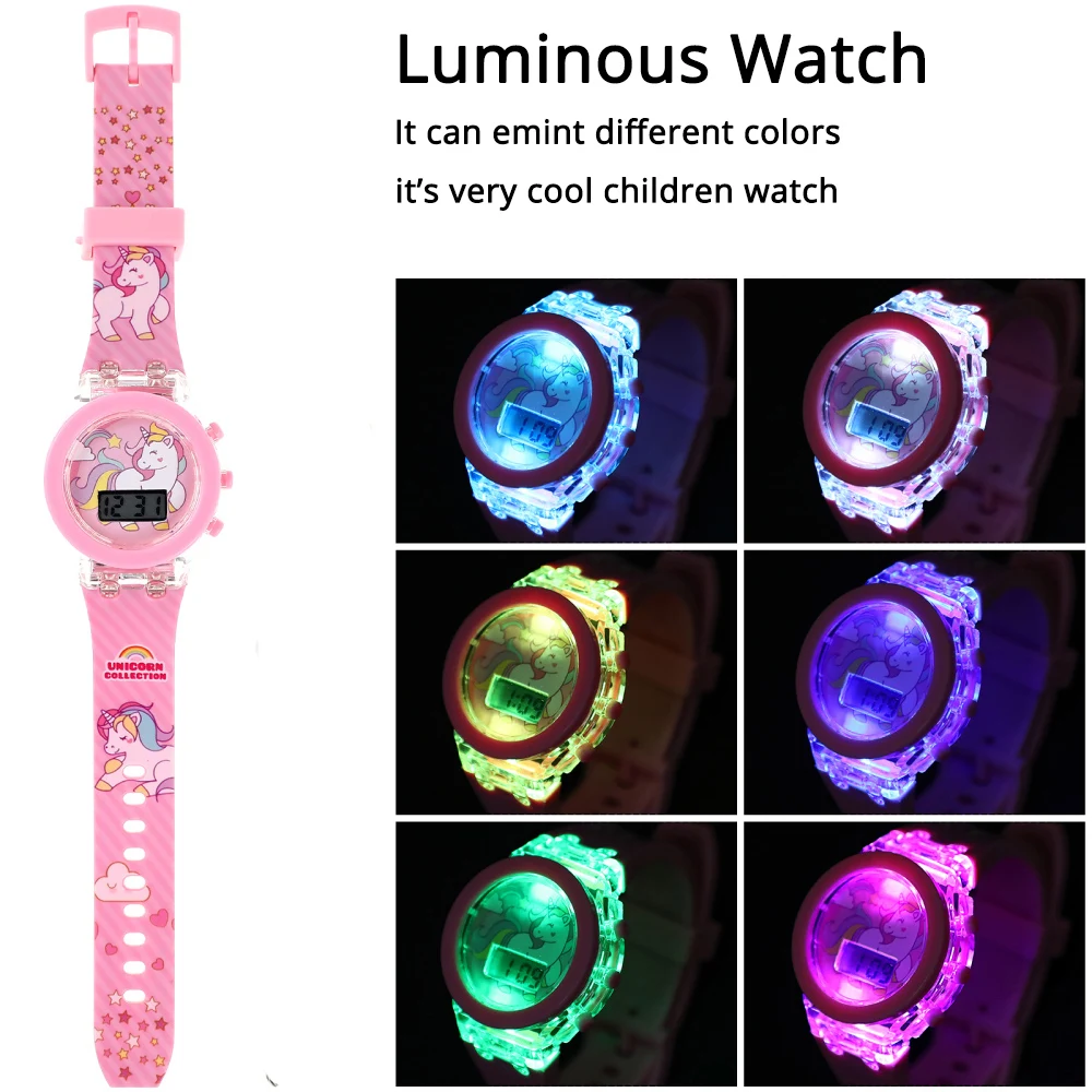 Luminous Children Watches for Girls Flash Glow Up Light Colourful Cartoon Unicorn Digital Electronic Clock Birthday Party Gifts