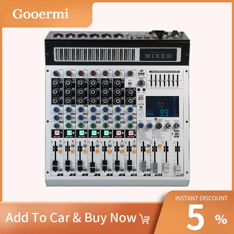

Gooermi MK8 8-Channel Audio Mixer Professional Mixing 99 DSP Digital Effects Audio Console DJ Console For SINGING Broadcasting