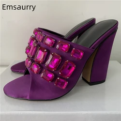 Quality Rhinestone Diamond Decor Summer Mules Luxury Satin Chunky Heel Slingbacks Outwear Sandals Women 2024