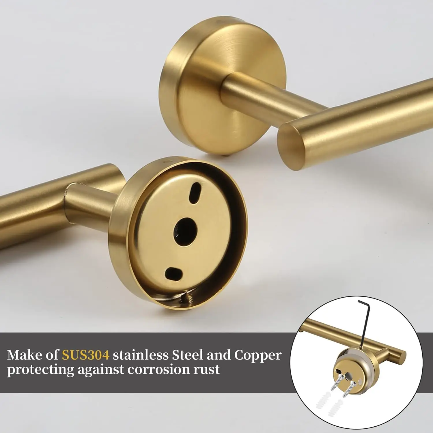 Badezimmer-Hardware-Set aus gebürstetem Gold, 10-teiliges Handtuchhalter- und Halter-Set inkl. 2x16' Stangen, TP-Halter, Ringe, Haken