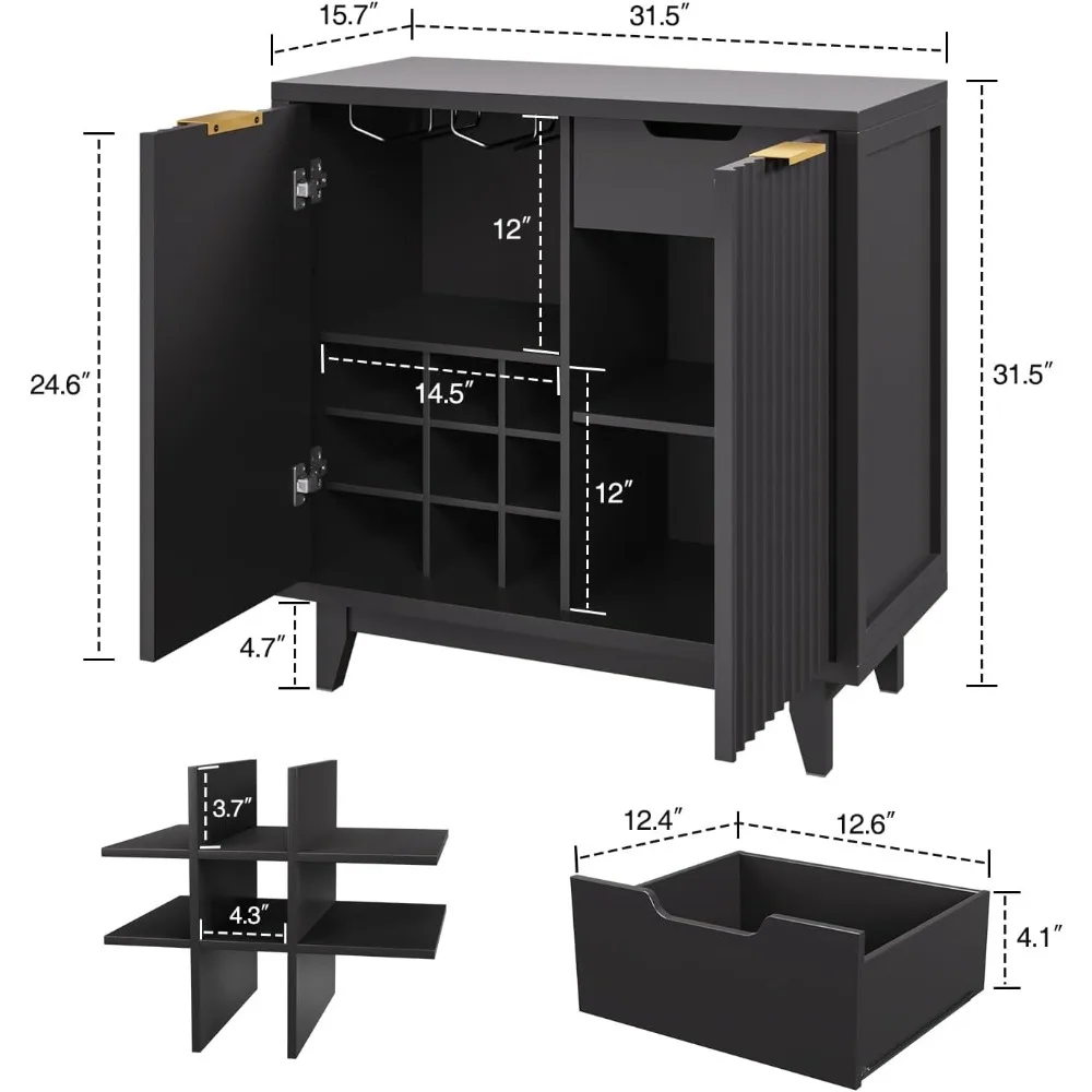 Modern Fluted Coffee Bar Cabinet with Removable Wine Rack and Adjustable Shelf, Solid Wood Legs, Multi-Functional Sideboard Buff