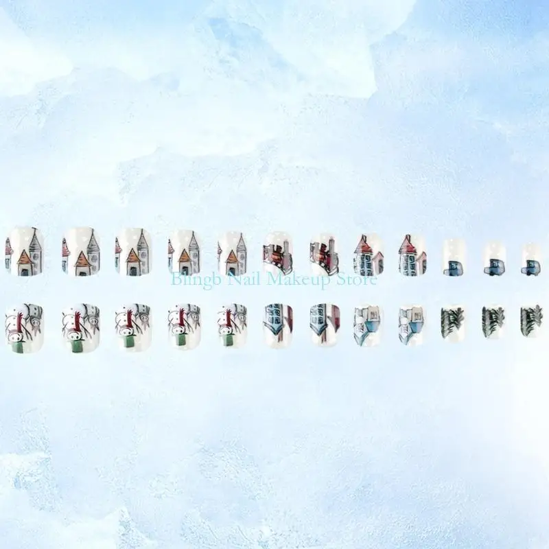 28ta kerstthema druk op spijker 24 -stand set sneeuwvlokontwerp witte kunstmatige nagel blauwe strepen glitters afwerking