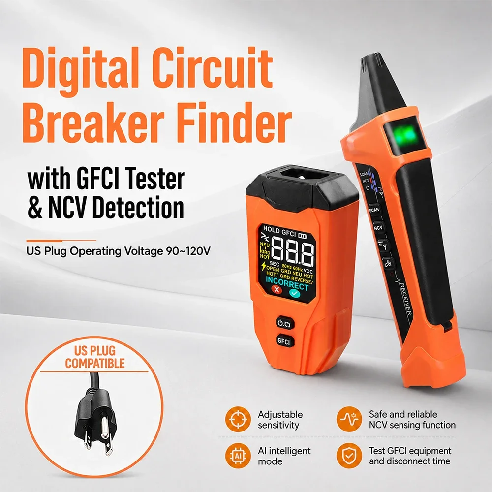Smart Circuit Breaker Finder 110V-220V Rechargeable Socket Tester Color LCD GFCI NCV Wire Tracker Electrical Analyzer