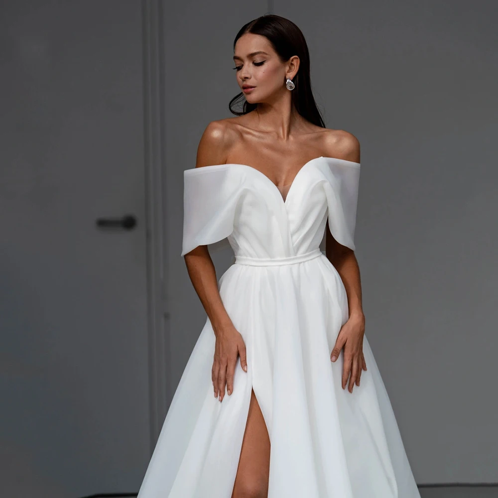 

Lvory Off Shoulder Wedding Dresses With Bow for Women Sexy V Neck Backless Bridal Gowns With Side Silt Zipper Back Vestido De