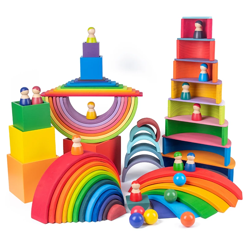 Baby Monterssori Educational toy Wooden Rainbow Block Stacking Building Blocks Baby Open thinking Toy Gifts for Childern