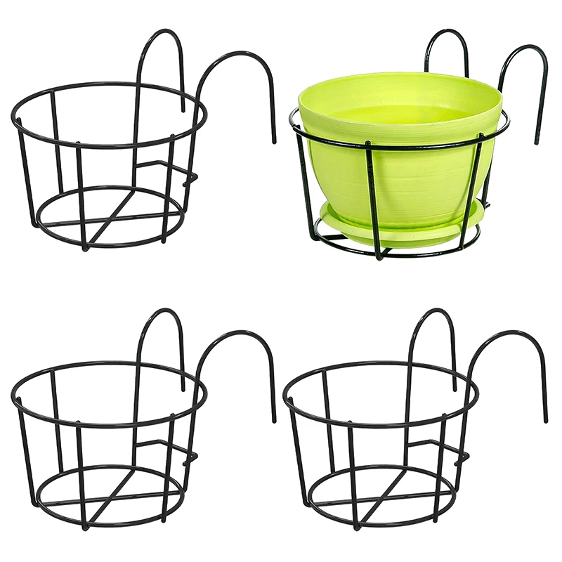 1PC Garden Accessories Garden Hanging Plant Iron Racks Balcony Round Flower Pot Rack Railing Fence Plant Holder Stand