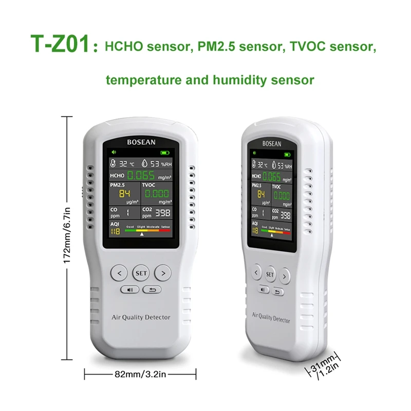 Bosean Digital LCD Air Quality Detector PM2.5 HCHO TVOC CO2 CO Humidity Temperature Tester Home Air Quality Monitor Real Sensor