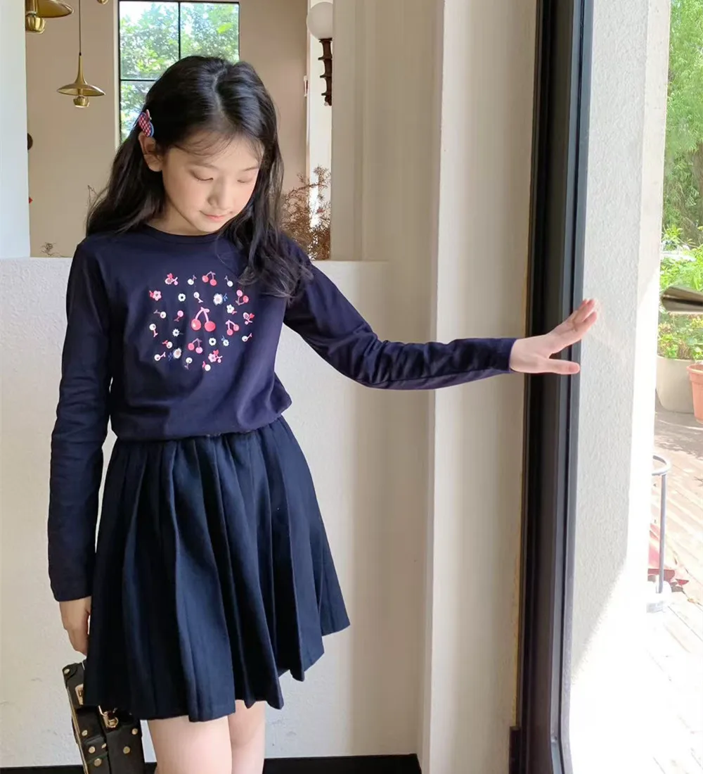 Autumn baby girl clothes kids tops French cherry print T-shirt autumn girls' round neck pullover girls t-shirts