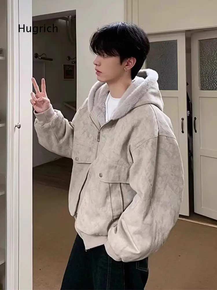 Male Solid Beige Hooded Outer Coat Sherpa Fleece Lined Full Zip Double Chest Pockets Warm Fall Winter Daily Outer Jacket