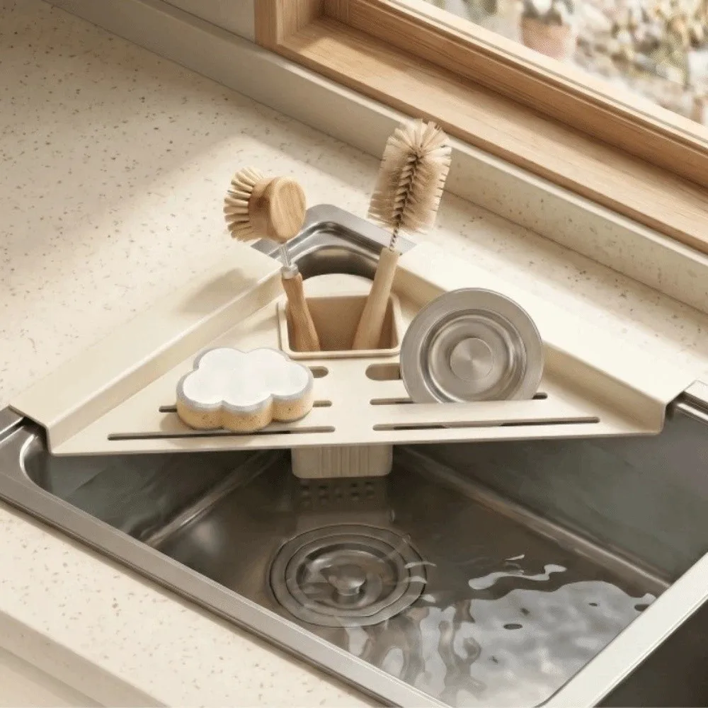 Carbon Steel Sink Corner Rack Hollowed Quick Water Drainage Sink Drain Shelf with Drain Cup Anti-rust Dishcloth Sponge Stand