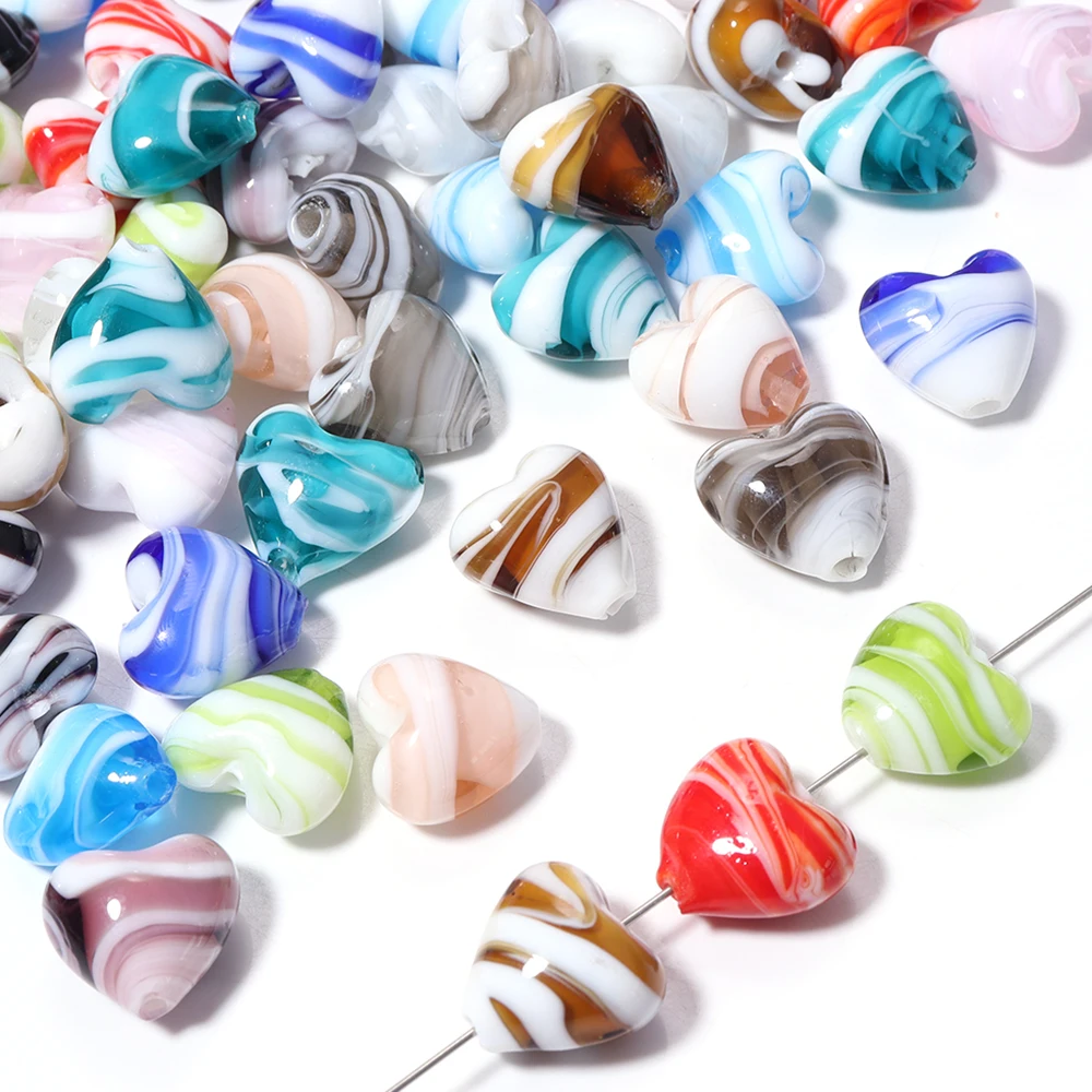 5 Stück 15 x 15,5 mm Streifen-Herz-Lampwork-Perlen, bunte Glasperlen für die Schmuckherstellung, DIY-Halskette, Armband, Ohrringe, Zubehör
