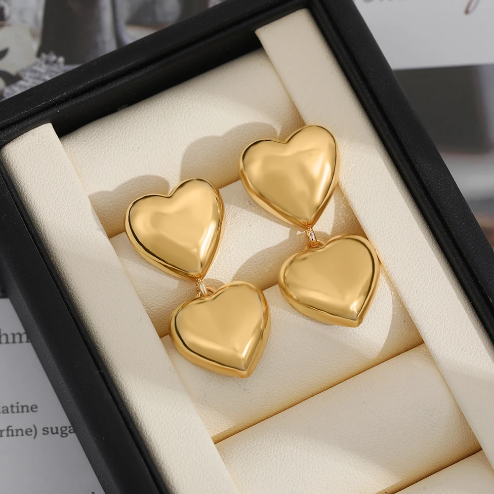 Modische, 18 Karat vergoldete, herzförmige Anhängerohrringe aus Edelstahl, hypoallergener klassischer Schmuck, Valentinstagsgeschenk