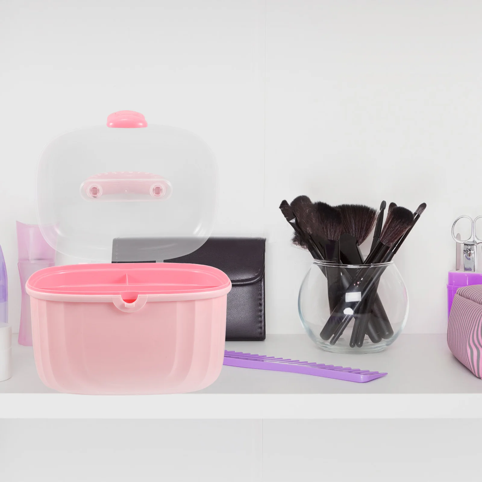 

1pcs Cute Pink Plastic Hair Accessories Storage Box Double Layer Jewelry Organizer Handle Bowknot Design Protective Lid