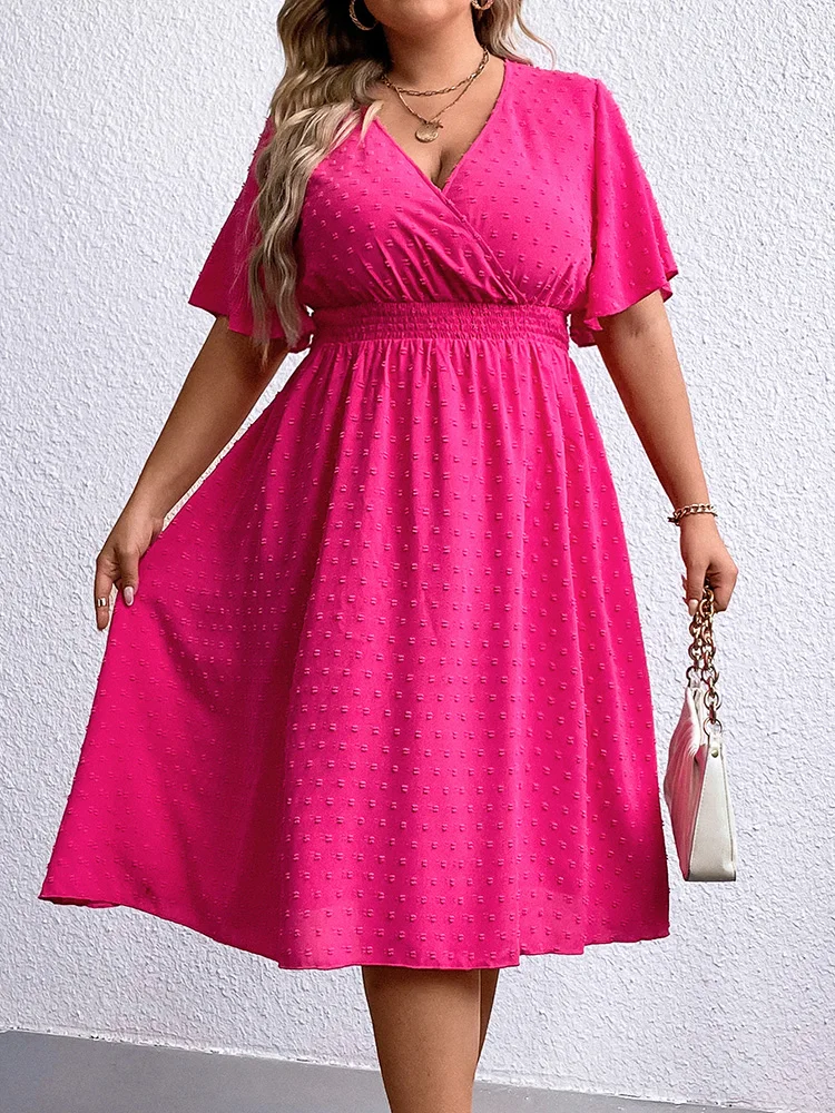 

Cheap Women Plus Size Midi Dresses 2023 New Summer Casual Elegant V-Neck Ruffled Short Sleeve Slim Solid Boho Holiday Clothing